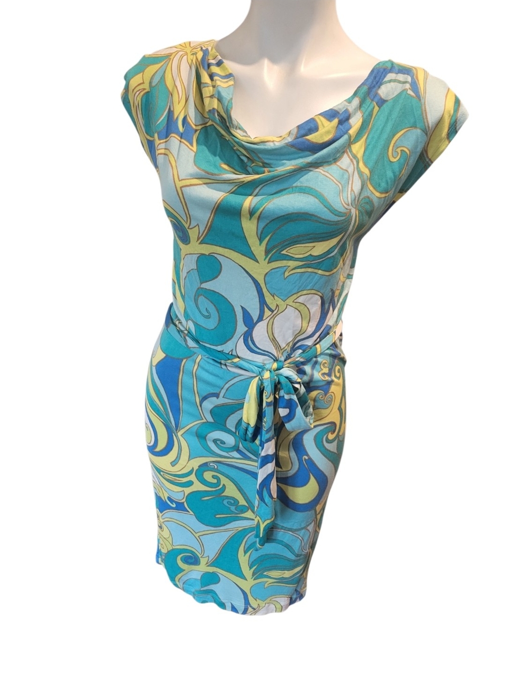 Turquoise & Yellow Swirl Cowl Neck Dress